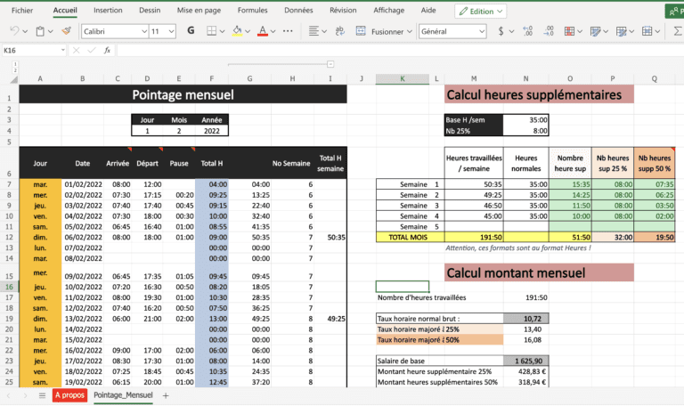 calculatrice avec calendrier et feuilles excel