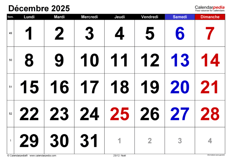 calendrier des mois en chiffres
