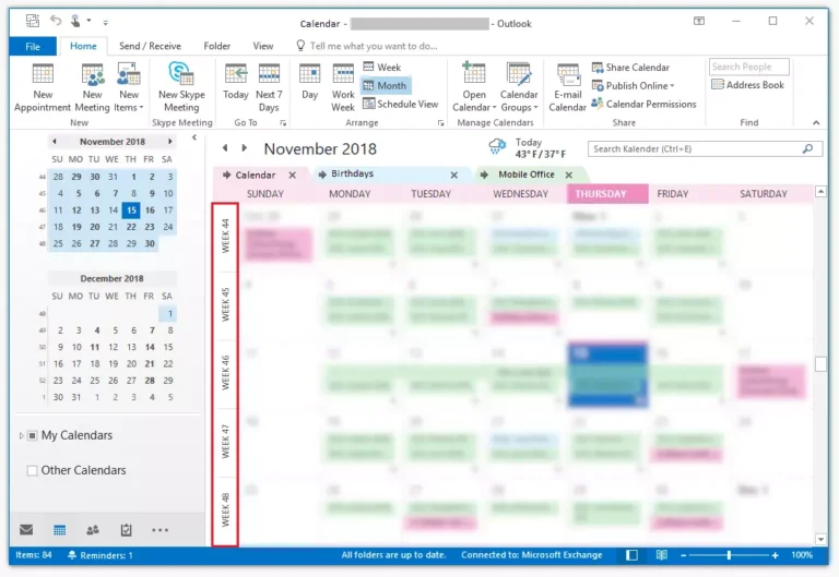 calendrier outlook avec numeros de semaine visibles