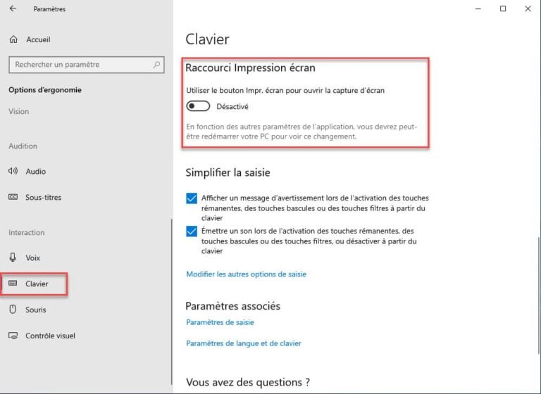 capture decran des parametres de windows