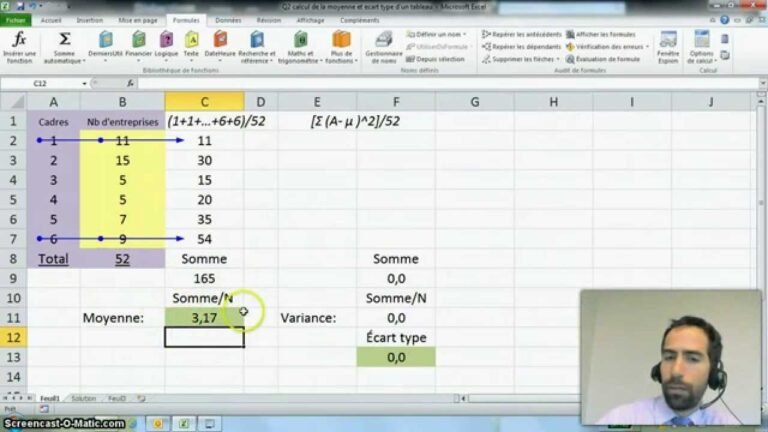 capture decran dexcel avec formule decart type