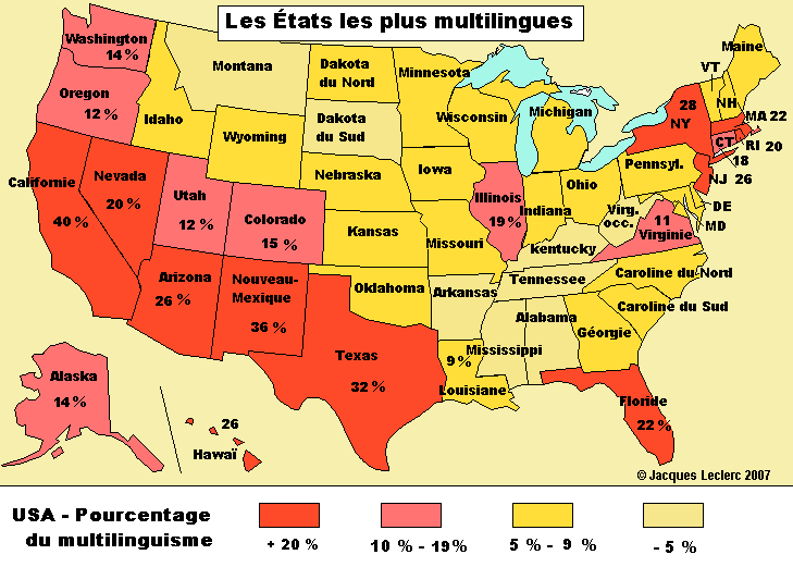 Pourquoi le français n'est-il pas langue officielle aux États-Unis 1 carte des etats unis avec langues parlees