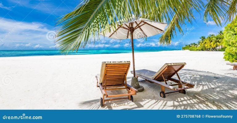 plage paisible avec transats et parasols