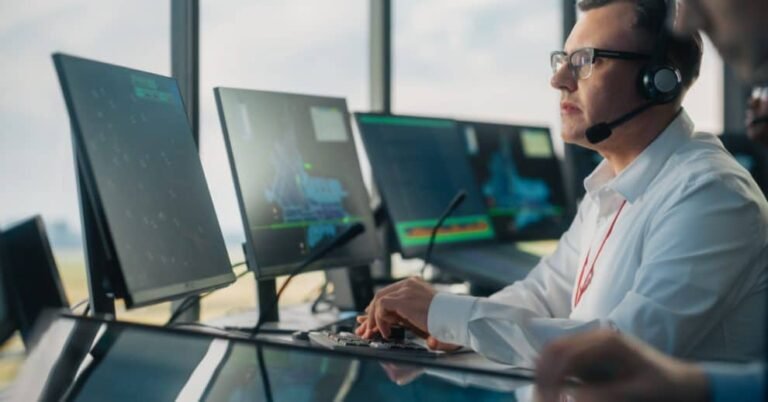 un controleur aerien au travail dans une tour