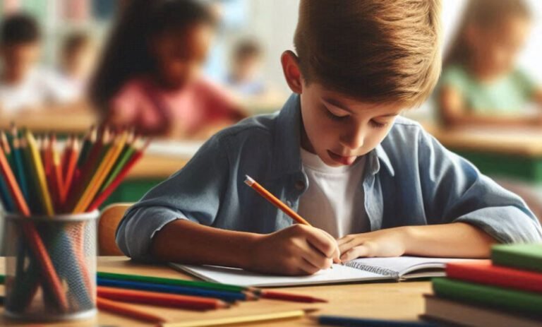 un enfant ecrivant dans un cahier