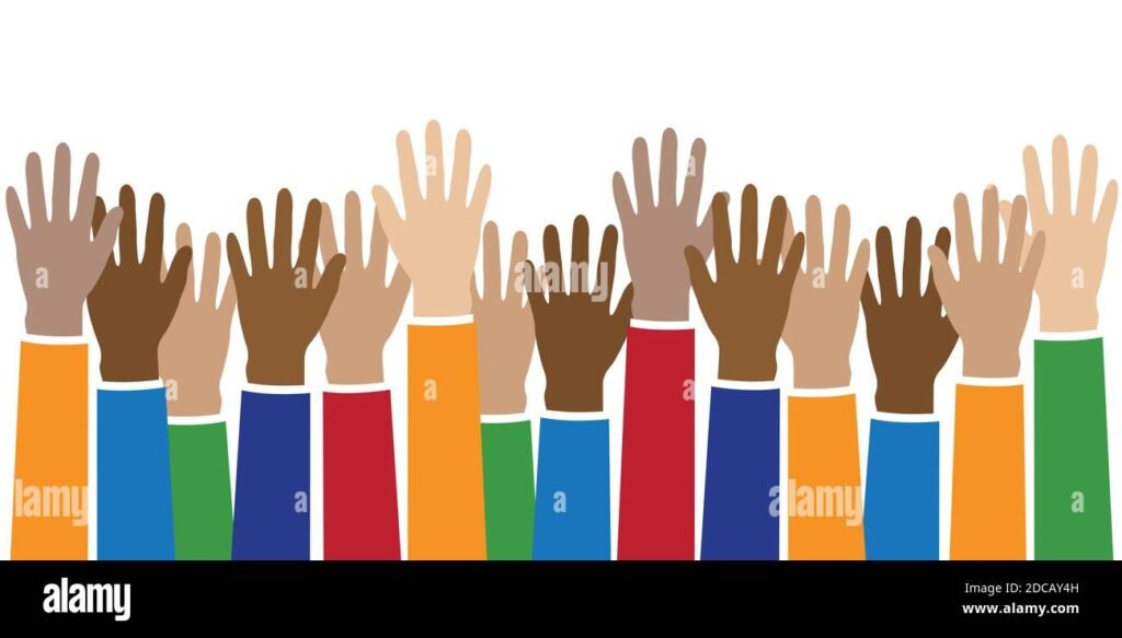 une main levant une affiche coloree